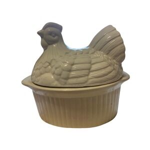 Vintage Hen on Nest Ceramic Casserole Dish Cream White Farmhouse Covered Baker